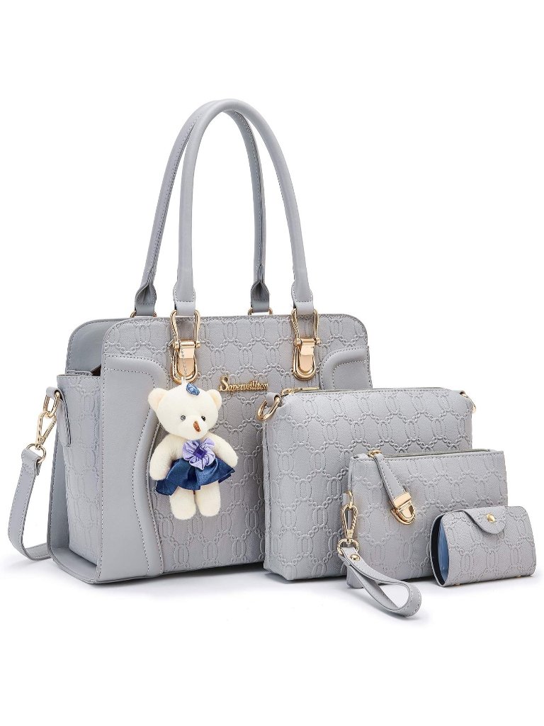 Women's Grey 4pc Handbag Set Tote Shoulder Satchel Purse With Bear Charm